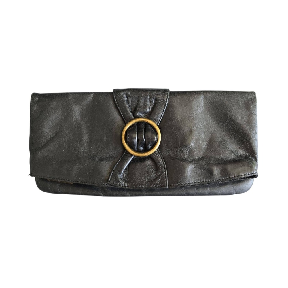 Hobo International Gwyneth Foldover Bow Clutch in black polished leather EUC